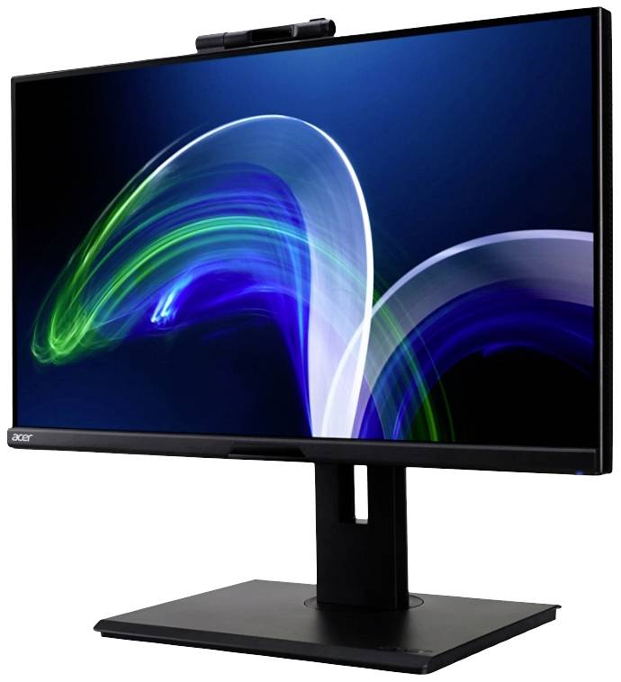 Ein moderner Computerbildschirm zeigt bunte, geschwungene Lichtspuren auf einem dunklen Hintergrund, passend für technologische Umgebungen.