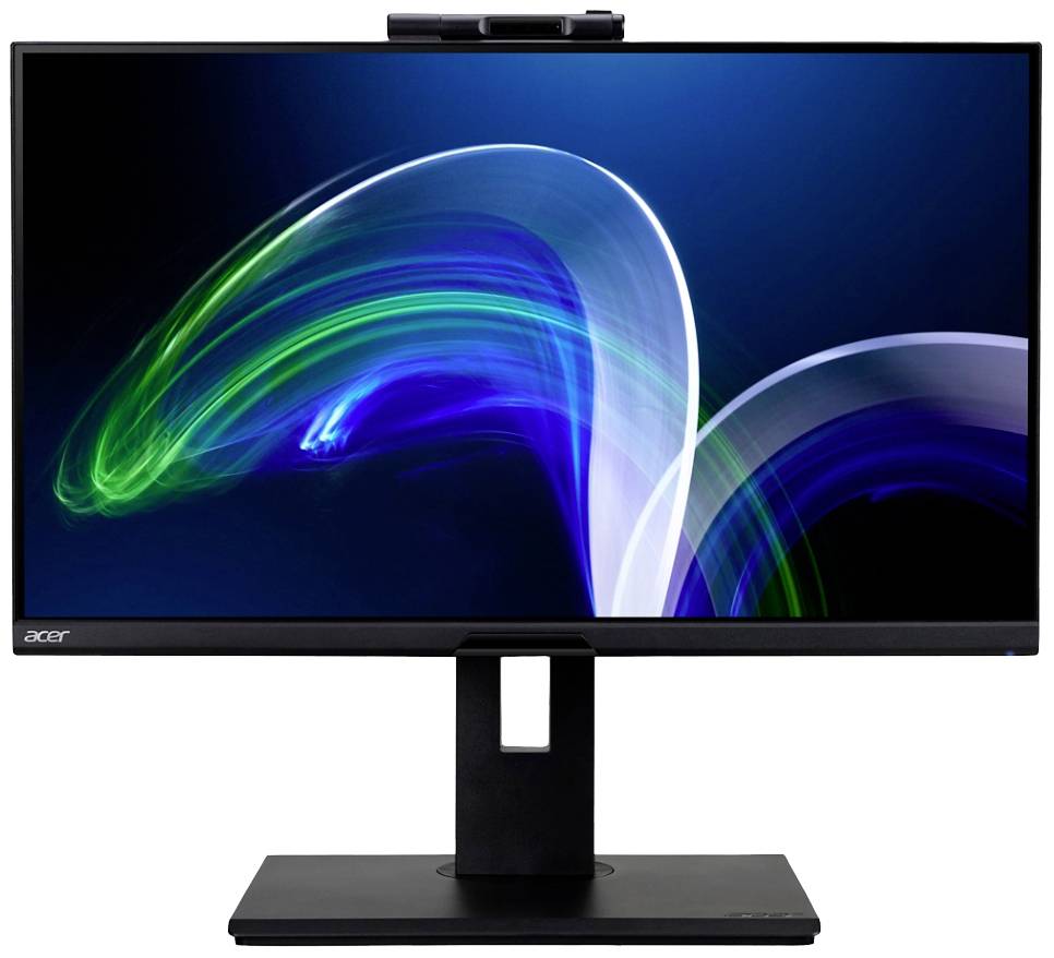 Ein Acer-Monitor mit schwarzem Rahmen und integriertem Webkamera-Modul an der Oberseite, zeigt ein abstraktes blau-grünes Motiv auf dem Bildschirm.