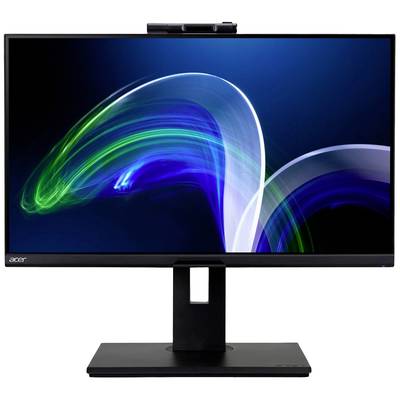 Ein Acer-Monitor mit schwarzem Rahmen und integriertem Webkamera-Modul an der Oberseite, zeigt ein abstraktes blau-grünes Motiv auf dem Bildschirm.