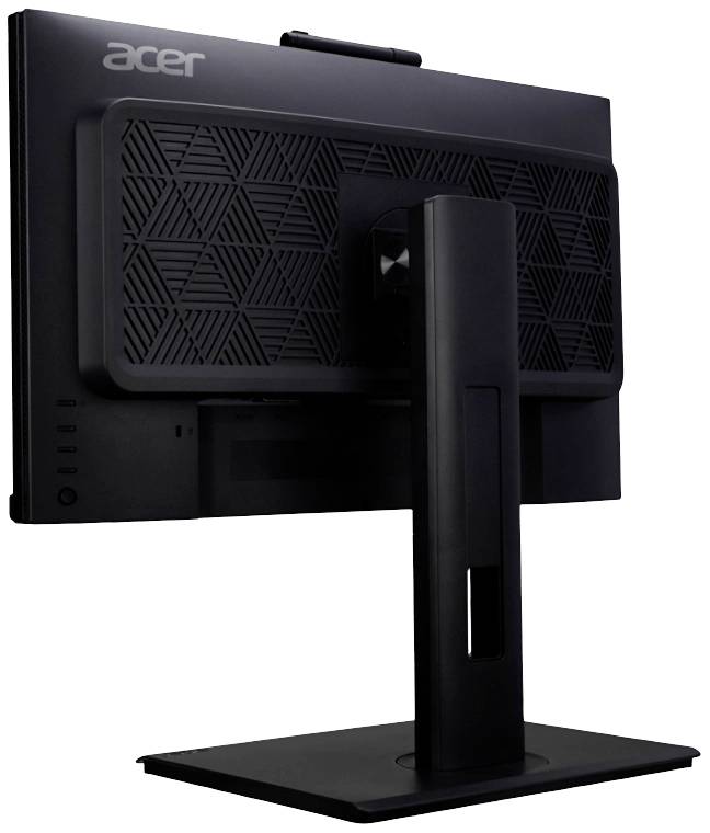 Ein schwarzer Computermonitor von hinten, auf einem Standfuß montiert, mit einem geometrischen Muster auf der Rückseite.