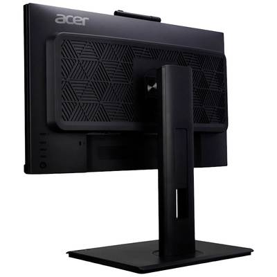 Ein schwarzer Computermonitor von hinten, auf einem Standfuß montiert, mit einem geometrischen Muster auf der Rückseite.