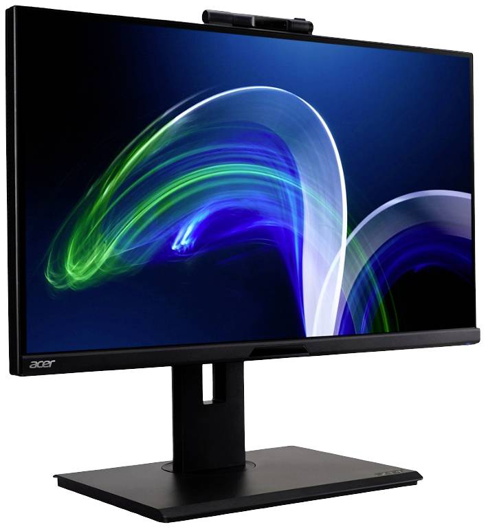 Ein Computerbildschirm von Acer, zeigt abstrakte, leuchtende grüne und blaue Lichtstreifen auf schwarzem Hintergrund.