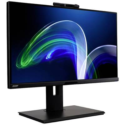 Ein Computerbildschirm von Acer, zeigt abstrakte, leuchtende grüne und blaue Lichtstreifen auf schwarzem Hintergrund.