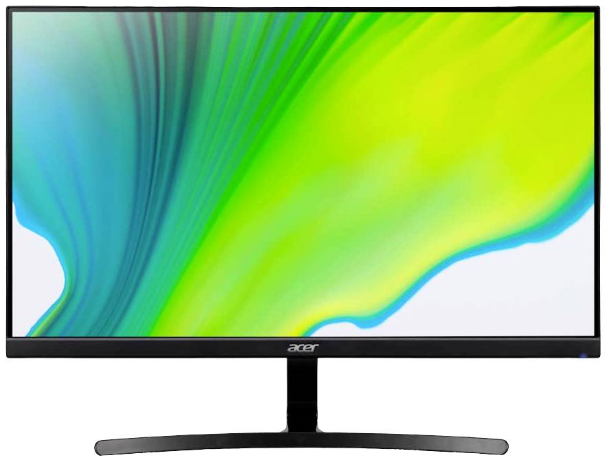 Ein Flachbildschirm-Monitor von Acer mit einem farbenfrohen, abstrakten Hintergrund in Blau- und Grüntönen auf dem Display.