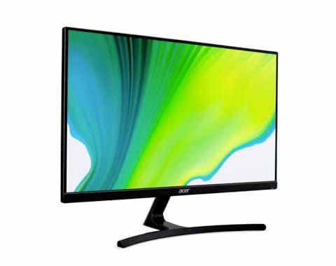 Ein moderner Computermonitor mit einem schlanken, schwarzen Rahmen. Das Display zeigt ein abstraktes, grünes und blaues Design.
