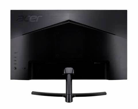 Ein schwarzer Computermonitor von hinten. Die Marke 'Acer' ist leicht erkennbar. Das Design ist schlicht und modern.