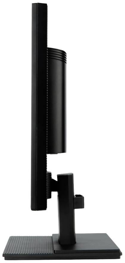 Ein schwarzer Computermonitor aus der Seitenansicht zeigt sein schlankes Profil und den verstellbaren Standfuß.