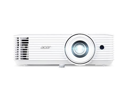 Weißer Projektor mit leuchtendem Objektiv, Markenname 'Acer' sichtbar auf der Frontseite, geeignet für Präsentationen und Heimkino.