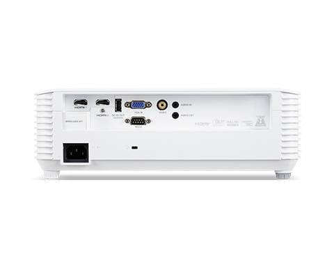 Rückansicht eines weißen Projektors mit verschiedenen Anschlussmöglichkeiten, einschließlich HDMI, VGA und Stromanschluss.