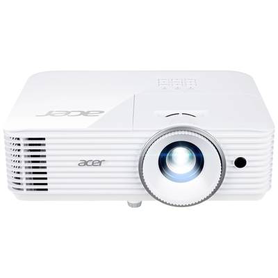 Ein weißer Acer-Projektor mit eingeschaltetem Lichtstrahl auf einer hellen Oberfläche, von vorn gesehen.