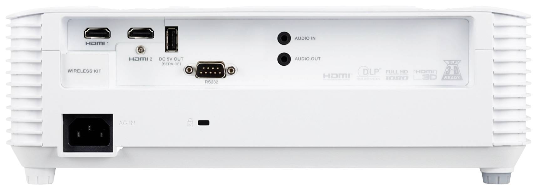 Die Rückseite eines Projektors zeigt mehrere Anschlüsse, darunter HDMI, USB, Audio-Ein- und Ausgänge sowie Stromanschluss.