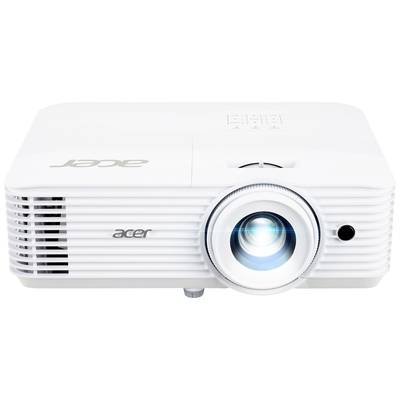 Weißer Projektor von Acer mit leuchtender Linse auf weißem Hintergrund, eignet sich für Präsentationen und Heimkino.
