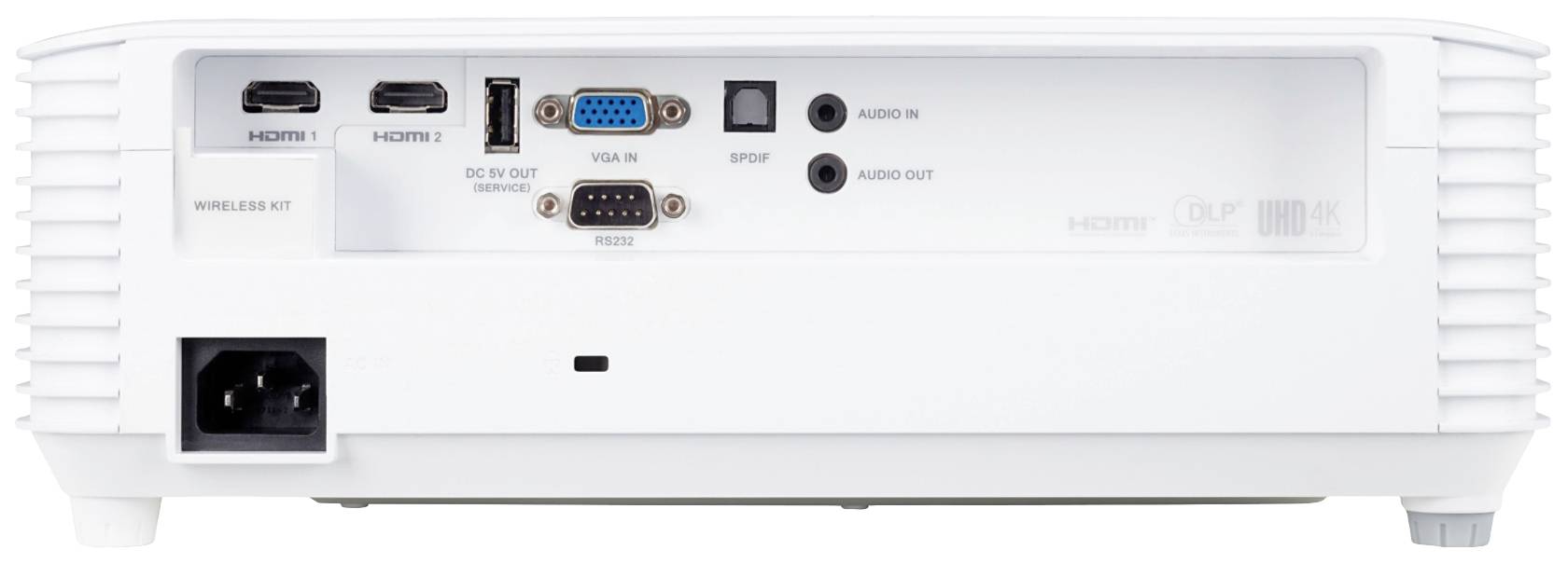 Rückseite eines Projektors mit mehreren Anschlüssen: zwei HDMI, USB, VGA, Audio-In/Out, LAN und serielle Schnittstelle.