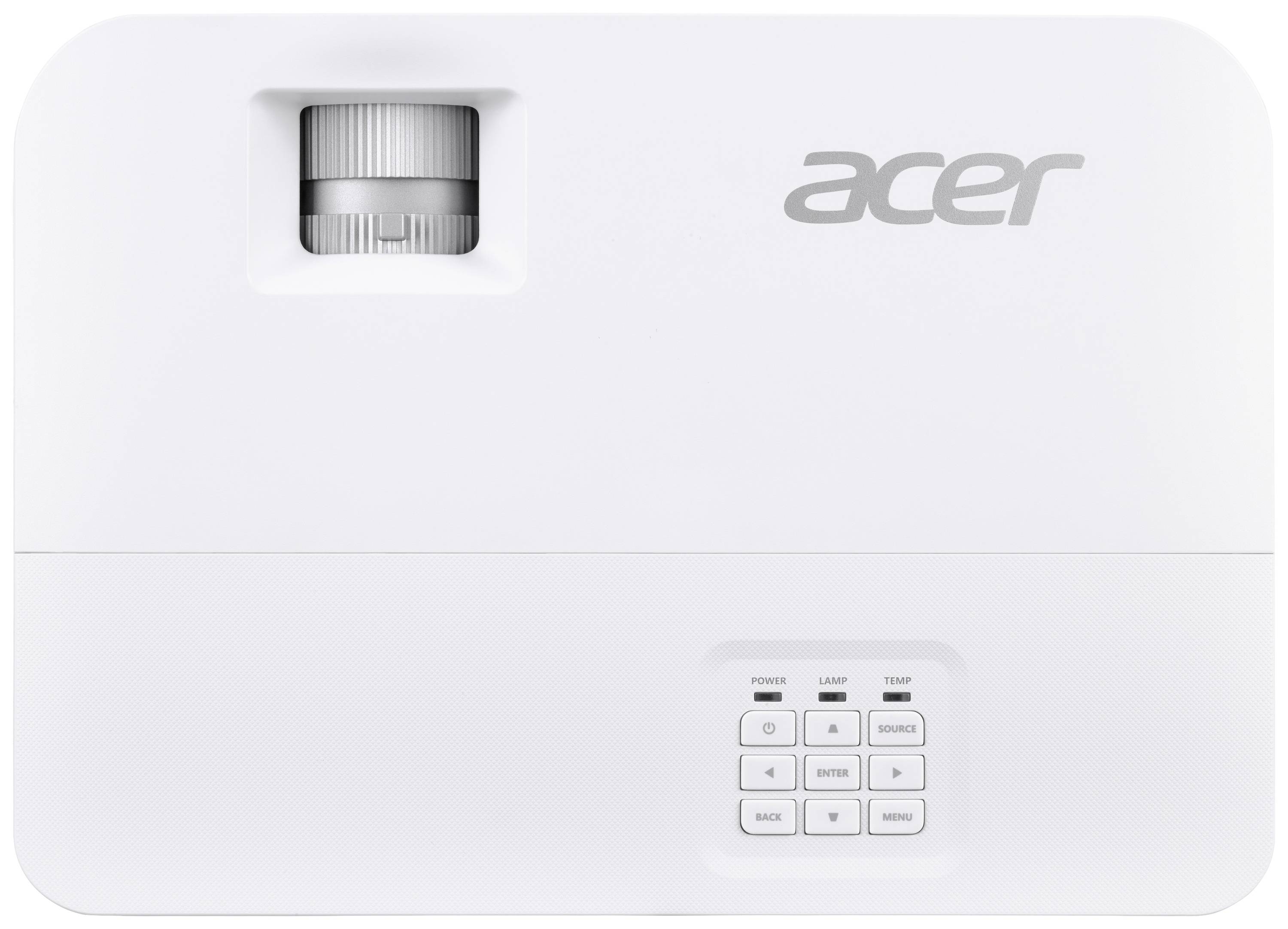 Projektor von Acer in weiß. Oben links ist das Objektiv zu sehen, daneben das Acer-Logo. Darunter befinden sich Bedientasten.
