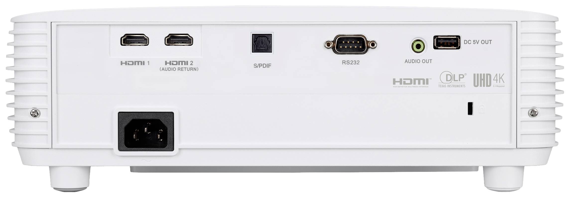 Rückansicht eines Projektors mit Anschlüssen: zwei HDMI-Ports, S/PDIF, RS232, Audioausgang, DC 12V-Ausgang. Unterstützt UHD 4K.