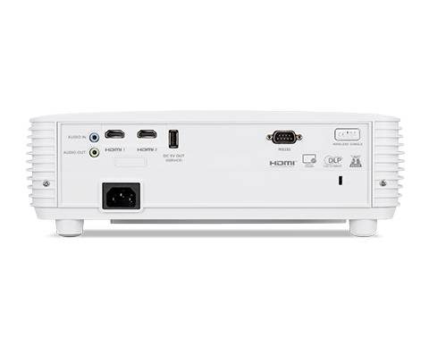 Die Rückseite eines weißen Projektors zeigt Anschlüsse: Audio-In/Out, HDMI1/2, USB (Service). Enthält RS232-, Ethernet- und Netzanschluss.