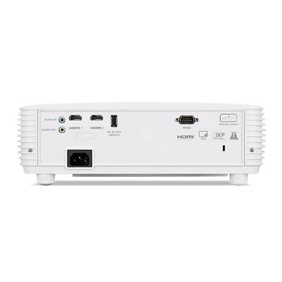 Die Rückseite eines weißen Projektors zeigt Anschlüsse: Audio-In/Out, HDMI1/2, USB (Service). Enthält RS232-, Ethernet- und Netzanschluss.