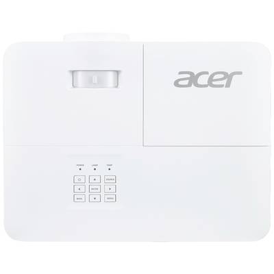 Ein weißer Projektor mit der Aufschrift 'Acer' auf der Oberseite, inklusive Tastenfeld zur Steuerung von Power, Lampe und Temp.