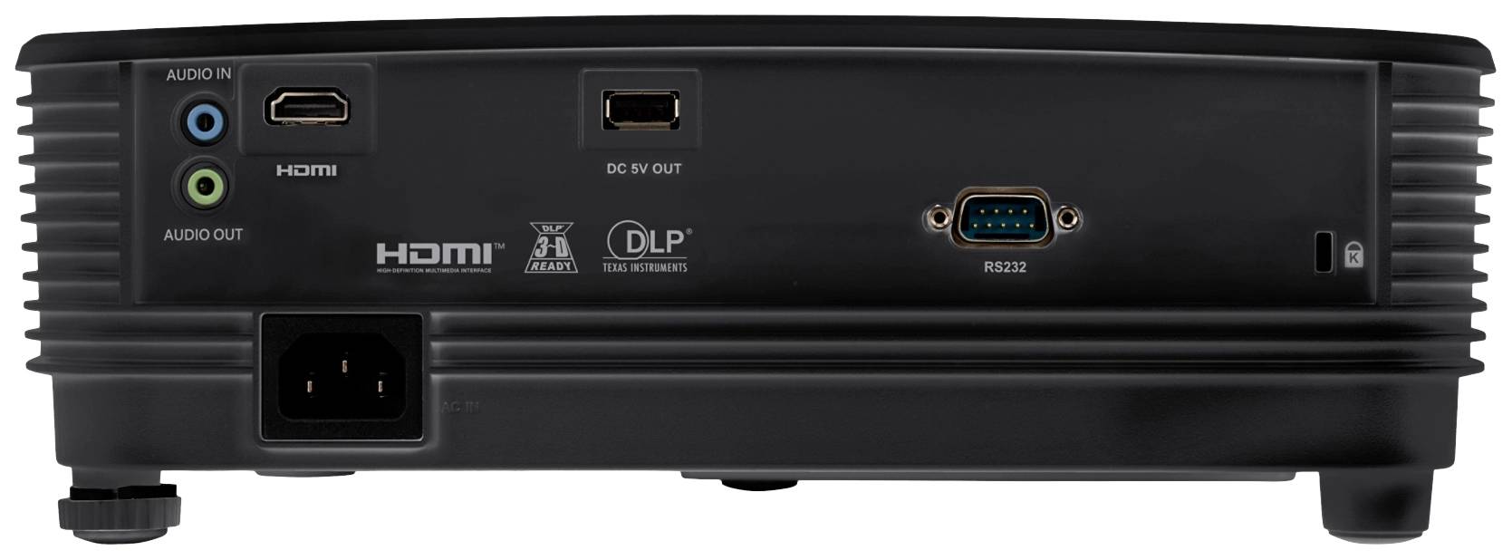 Ein schwarzer Projektor mit HDMI-, Audio-, und seriellem RS232-Anschluss sowie Stromanschluss auf der Rückseite.