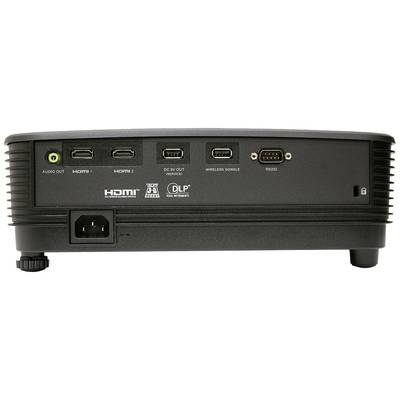 Rückseite eines elektronischen Geräts mit mehreren Anschlüssen: Audio-Out, HDMI 1 und 2, USB-Service, Wireless-Konsole, RS232 und Stromanschluss.