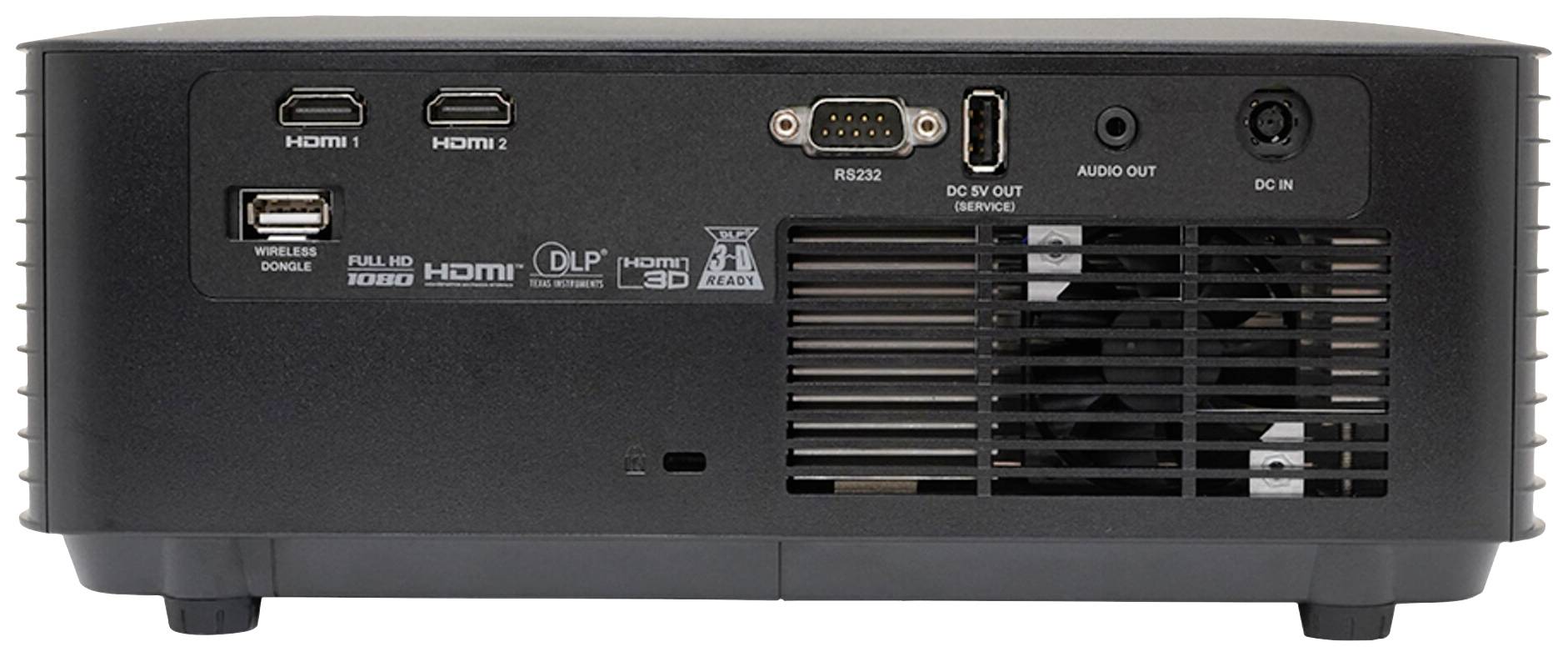 Rückseite eines Projektors mit HDMI- und USB-Eingängen, Netzteilanschluss, Audioausgang und Lüftungsschlitzen.