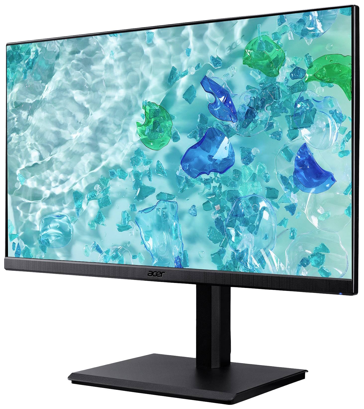 Ein Computermonitor mit einem Bild von türkisfarbenem Wasser und bunten Glasstücken auf dem Bildschirm.