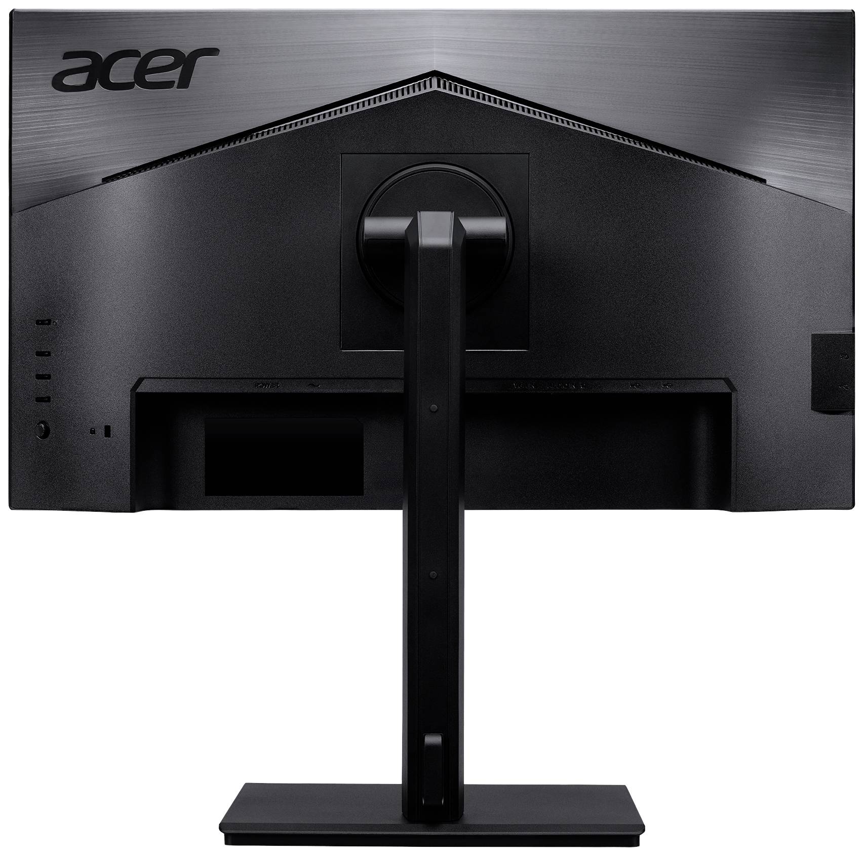 Ein schwarzer Computerbildschirm der Marke Acer, von hinten gesehen. Der Monitor steht auf einem rechteckigen Standfuß.