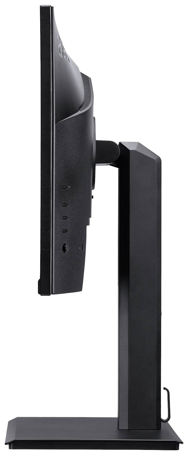 'Seitenansicht eines Computermonitors mit einem schlanken, schwarzen Rahmen, auf einem rechteckigen Standfuß montiert.'
