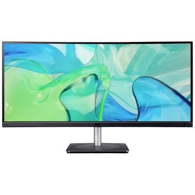 Breiter Monitor mit blau-grünem Hintergrundbild, geeignet für Arbeit oder Unterhaltung.