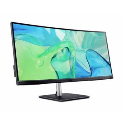 Ein gebogener Computermonitor mit einem abstrakten, blau-grünen Hintergrundbild. Der Monitor hat einen schmalen Rahmen.