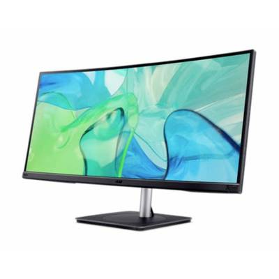 Ein gebogener Computerbildschirm zeigt ein abstraktes blau-grünes Design. Der Bildschirm steht auf einem schwarzen Standfuß.