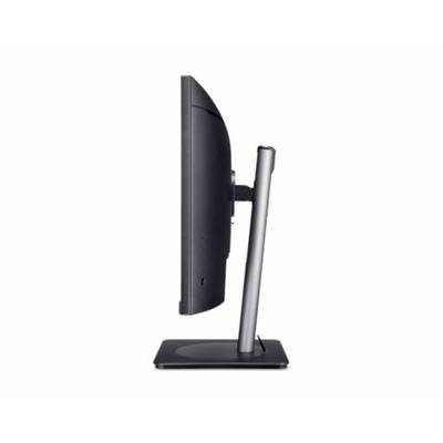Ein Computermonitor seitlich abgebildet auf einem Standfuß. Der Bildschirm ist dünn und schwarz, zeigt keine Inhalte.