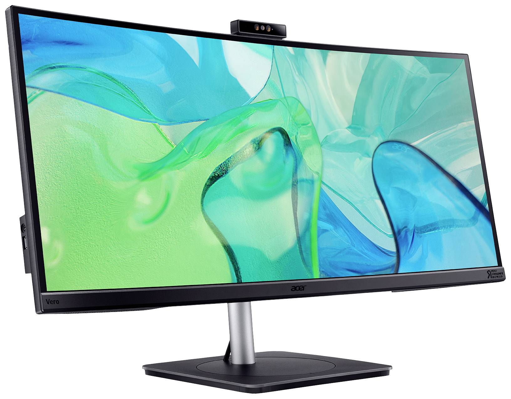 Ein gekrümmter Computer-Monitor mit einem schlichten schwarzen Standfuß zeigt ein lebhaftes Kunstdesign in Blau- und Grüntönen.