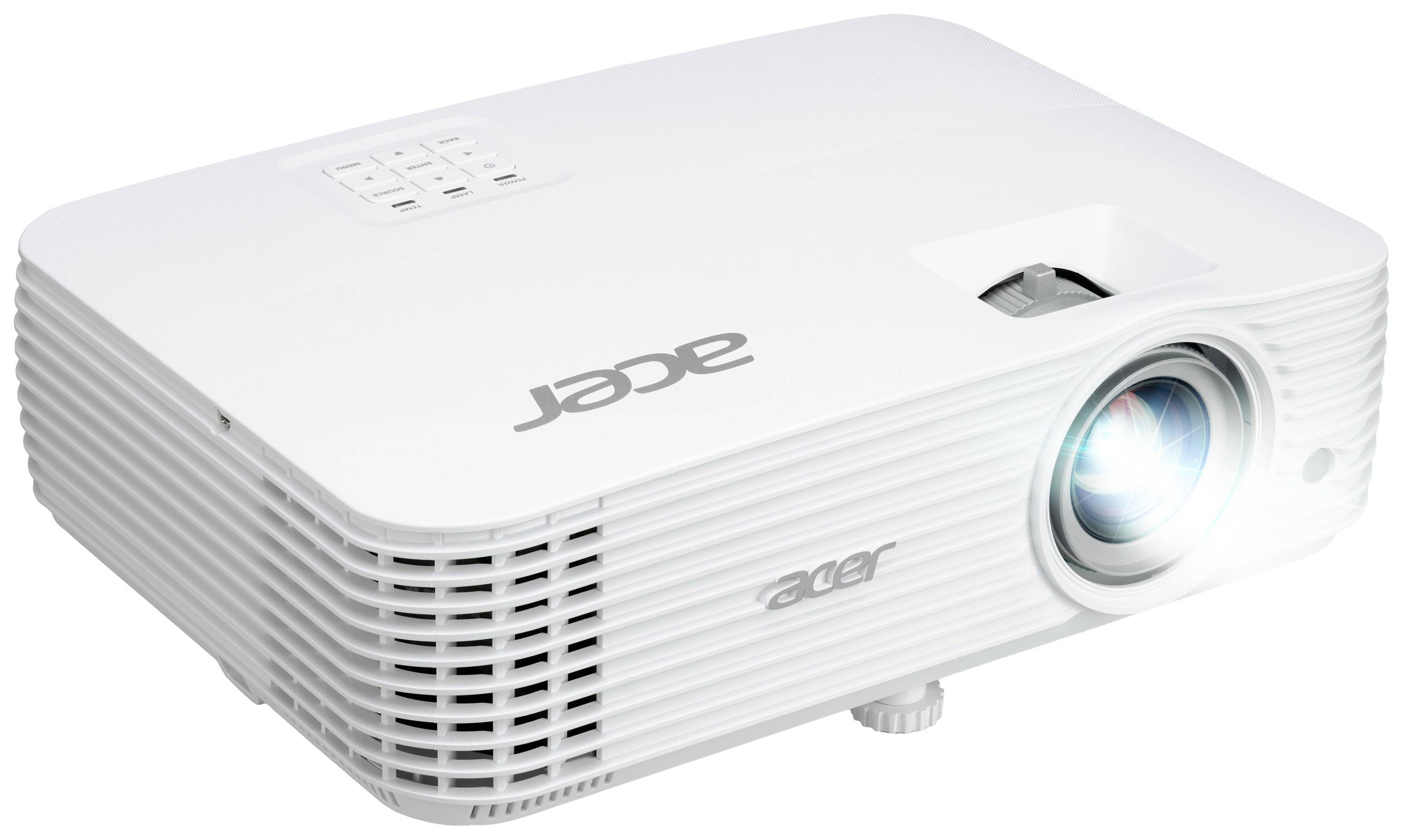 Weißer Projektor von Acer mit leuchtendem Objektiv auf weißem Hintergrund.