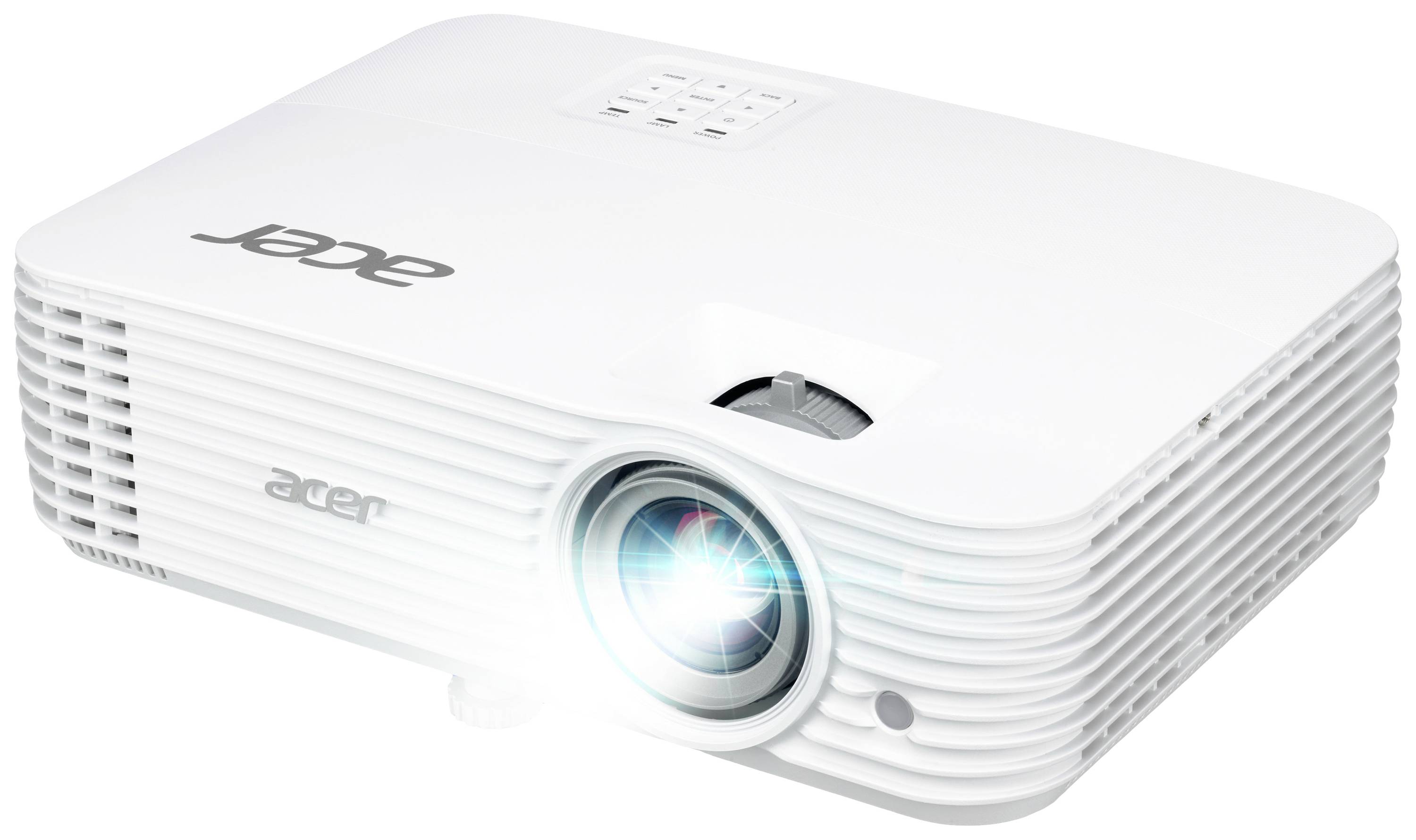 Ein weißer Projektor mit leuchtendem Objektiv, möglicherweise im Betrieb. Markenlogo auf der Oberseite sichtbar.