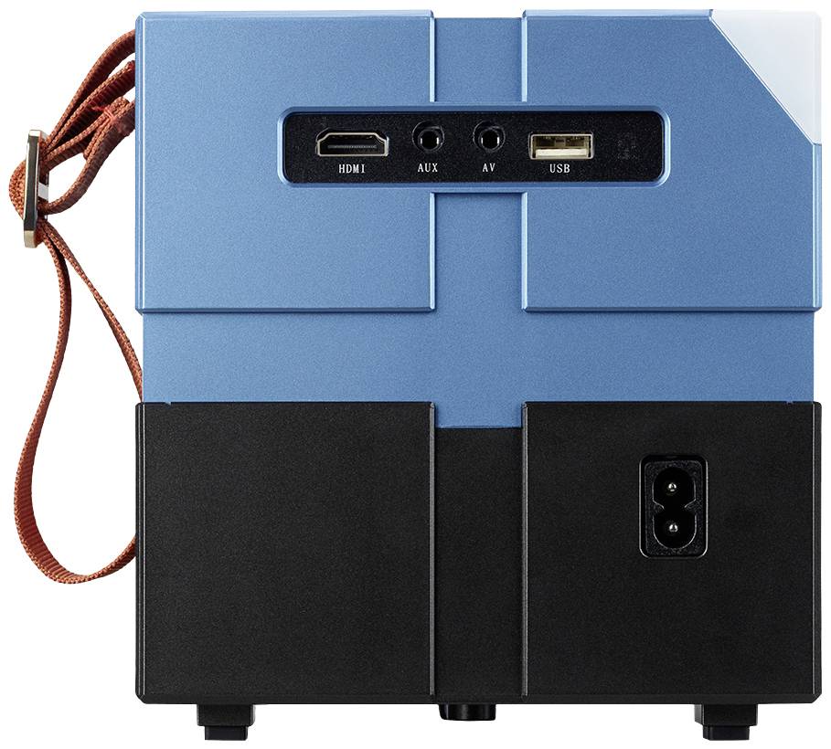 Ein blauer Mini-Projektor mit roten Trageriemen, zeigt Anschlüsse: HDMI, AUX, AV und USB. Rückseiteansicht mit Netzkabelanschluss.