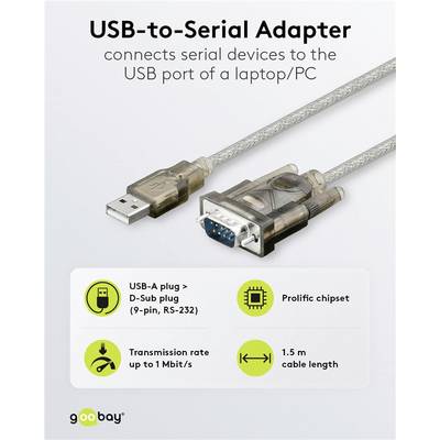 'USB-zu-Seriell-Adapter mit USB-A- und D-Sub-Stecker, Prolific-Chipsatz, Übertragungsrate bis 1 Mbit/s, 1,5 m Kabellänge.'