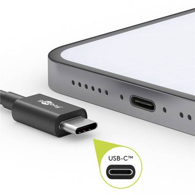 Ein Smartphone mit USB-C-Anschluss ist teilweise sichtbar. Daneben liegt ein USB-C-Kabel mit einem Detailbild des Steckertyps.