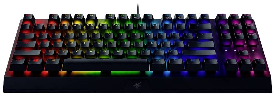 Gaming-Tastatur mit RGB-Beleuchtung in Regenbogenfarben. Tasten sind in mehreren Reihen angeordnet. Ideal für Gamer.