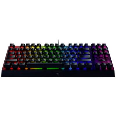 Gaming-Tastatur mit RGB-Beleuchtung in Regenbogenfarben. Tasten sind in mehreren Reihen angeordnet. Ideal für Gamer.