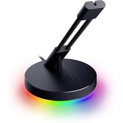 Kopfhörerständer mit schwarzer runder Basis, beleuchtet in Regenbogenfarben an der Unterseite, mit zwei Stützen für das Headset.