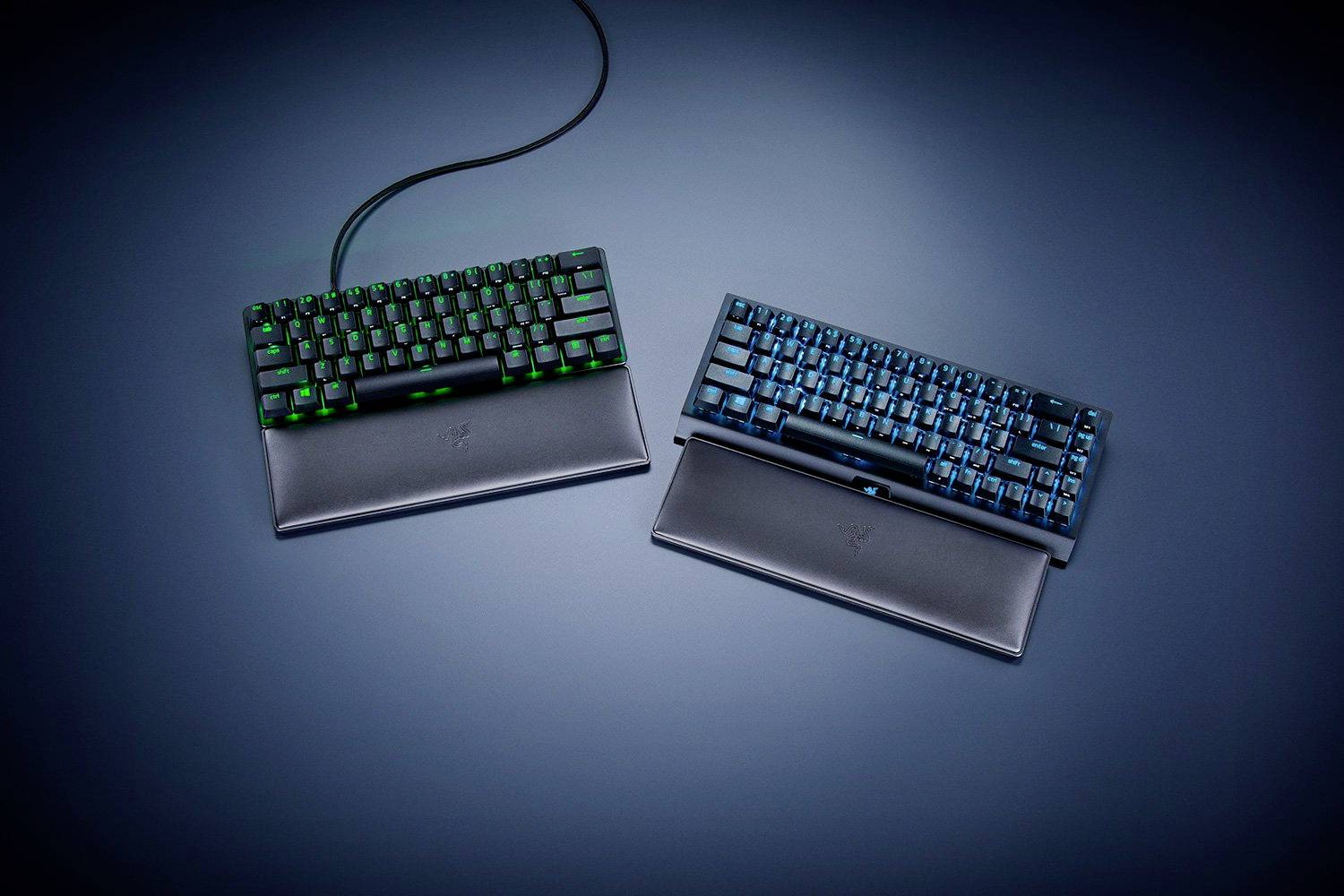 Zwei mechanische Tastaturen mit RGB-Beleuchtung und Handballenauflagen; links grün beleuchtet, rechts blau beleuchtet, auf blauem Hintergrund.