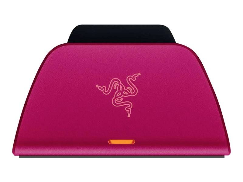 Ein rotes Gaming-Headset auf einer Ladestation mit einem leuchtenden Symbol in der Mitte.