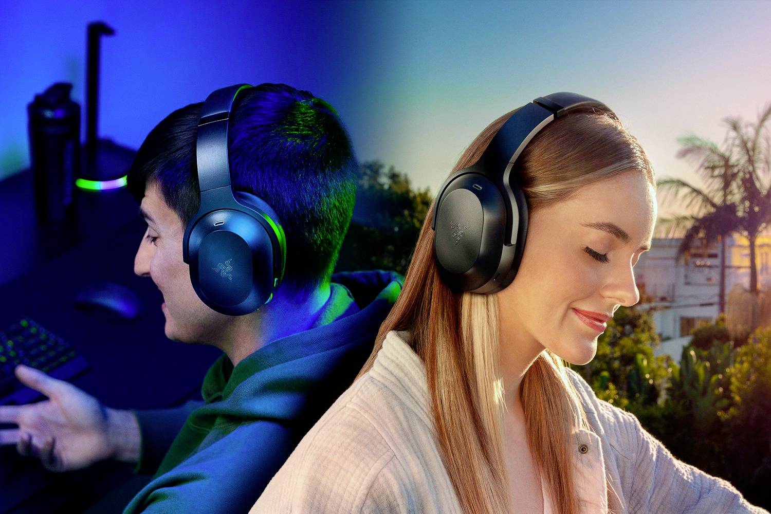 Zwei Personen tragen kabellose Kopfhörer: Links sitzt jemand an einem Computer, rechts genießt jemand draußen den Sonnenuntergang.