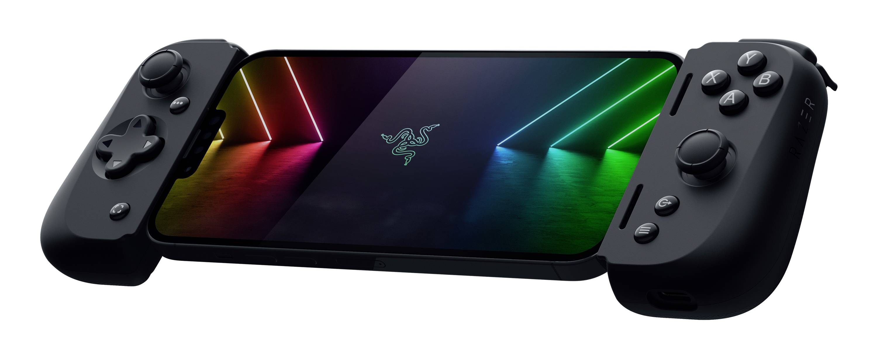 Ein Smartphone mit angedockten Gaming-Controllern auf beiden Seiten, zeigt ein Razer-Logo auf dem Bildschirm mit bunten Lichtern im Hintergrund.