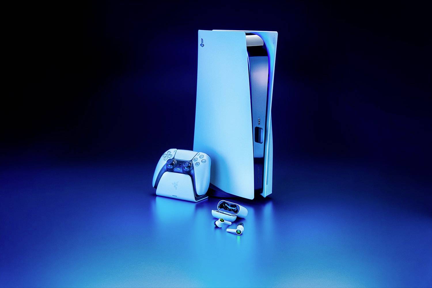 Eine Spielkonsole mit Controller und Kopfhörern auf dunklem Hintergrund, alles in Blau beleuchtet.