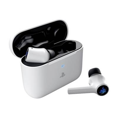 Kabellose weiße Ohrhörer im geöffneten Ladecase, markiert mit einem blauen Licht und einem PlayStation-Logo.