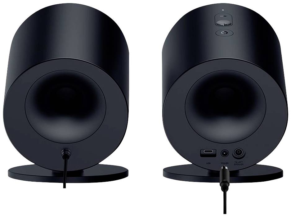 Zwei schwarze Lautsprecher in Zylinderform, einer von vorne und einer von hinten gezeigt. Beide stehen auf runden Sockeln.