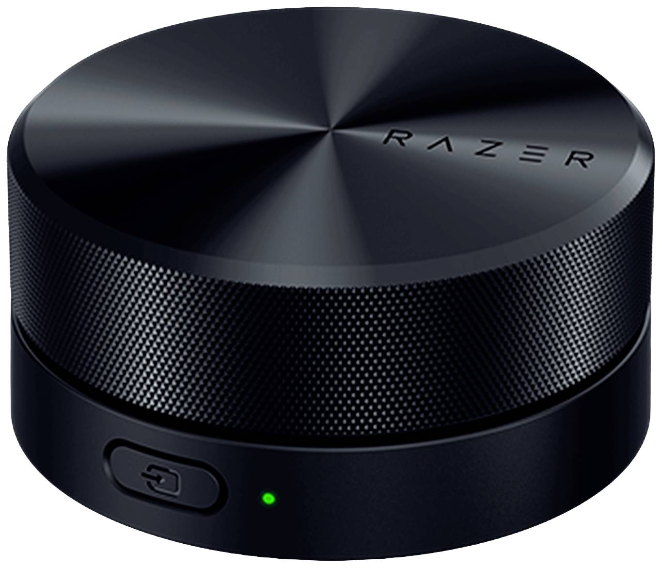 Schwarzer runder Lautsprecher mit Rändelung und dem Schriftzug 'Razer' auf der Oberseite. Vorderseite mit Knopf und grünem Lichtanzeiger.
