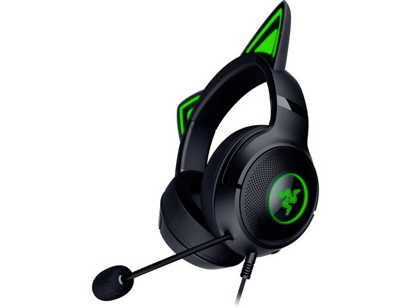 Ein schwarzes Gaming-Headset mit grünen Katzenohren und Mikrofon, geeignet für Computerspieler.